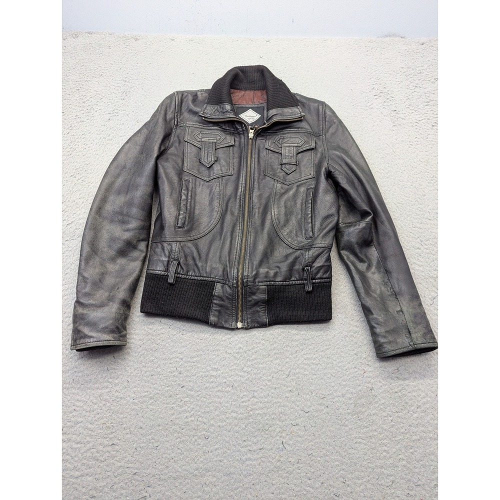 Vtg 90s Leather Womens S Bomber Jacket Distressed Black Moto Sheep Skin Grunge